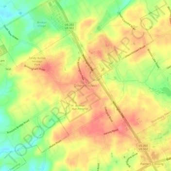 Mappa topografica Dilworthtown, altitudine, rilievo