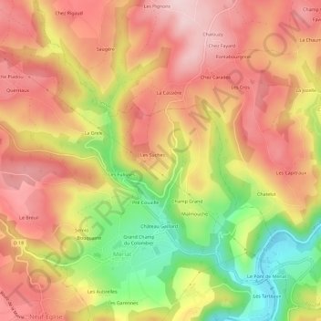 Mappa topografica Lachaux, altitudine, rilievo