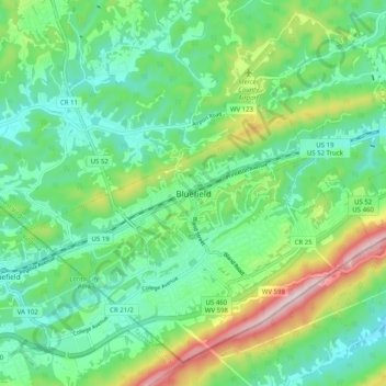 Mappa topografica Bluefield, altitudine, rilievo