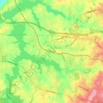 Mappa topografica Acworth, altitudine, rilievo