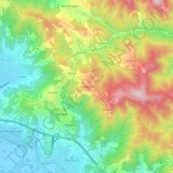 Mappa topografica Montigiano, altitudine, rilievo