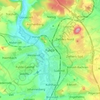 Mappa topografica Fulda, altitudine, rilievo