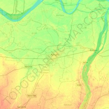 Mappa topografica Arrah, altitudine, rilievo