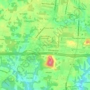 Mappa topografica Tanglewood, altitudine, rilievo