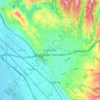 Mappa topografica Castro Valley, altitudine, rilievo