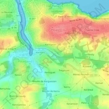 Mappa topografica Brehuel, altitudine, rilievo
