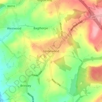 Mappa topografica Underwood, altitudine, rilievo