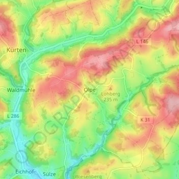 Mappa topografica Olpe, altitudine, rilievo