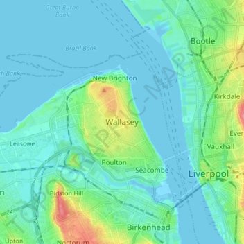 Mappa topografica Wallasey, altitudine, rilievo