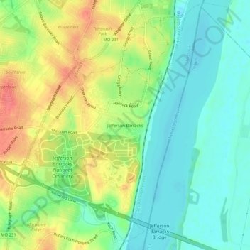 Mappa topografica Jefferson Barracks, altitudine, rilievo