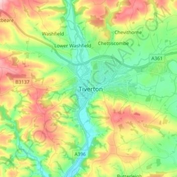 Mappa topografica Tiverton, altitudine, rilievo