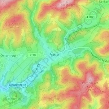 Mappa topografica Fretter, altitudine, rilievo