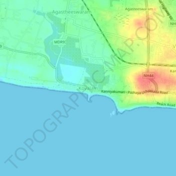 Mappa topografica Kovalam, altitudine, rilievo