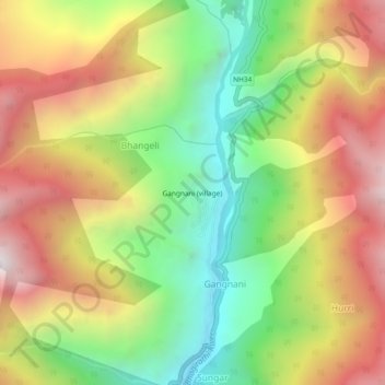 Mappa topografica Gangnani (village), altitudine, rilievo