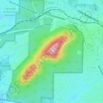 Mappa topografica Kennesaw Mountain, altitudine, rilievo
