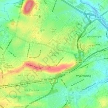 Mappa topografica Wyomissing Hills, altitudine, rilievo