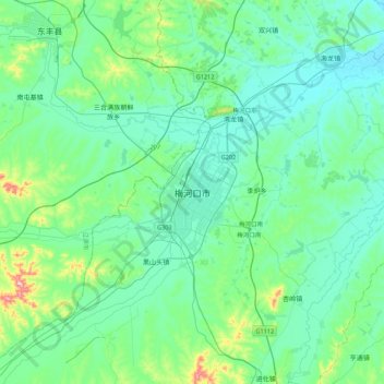 Mappa topografica 梅河口市, altitudine, rilievo