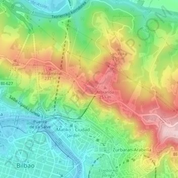 Mappa topografica Artxanda, altitudine, rilievo