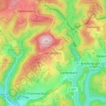 Mappa topografica Unnenberg, altitudine, rilievo