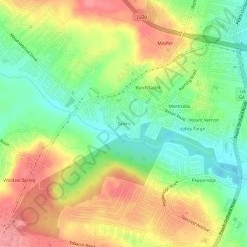 Mappa topografica Salem, altitudine, rilievo
