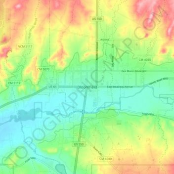 Mappa topografica Bloomfield, altitudine, rilievo