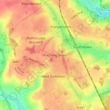 Mappa topografica Hatching Green, altitudine, rilievo