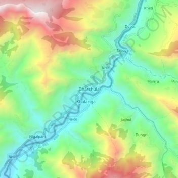 Mappa topografica Dhārchula, altitudine, rilievo