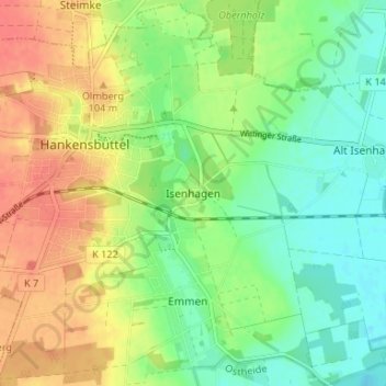Mappa topografica Isenhagen, altitudine, rilievo