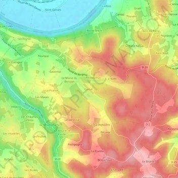 Mappa topografica Cussac, altitudine, rilievo
