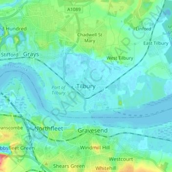 Mappa topografica Tilbury, altitudine, rilievo
