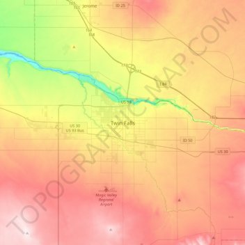 Mappa topografica Twin Falls, altitudine, rilievo