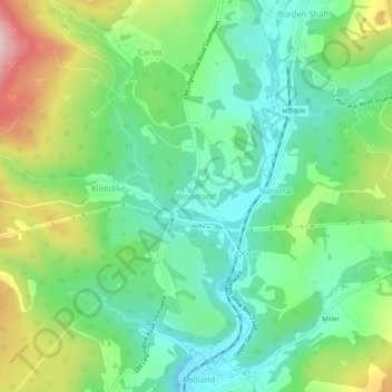 Mappa topografica Woodland, altitudine, rilievo