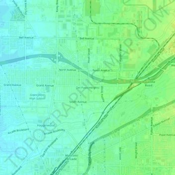Mappa topografica Del Paso Heights, altitudine, rilievo