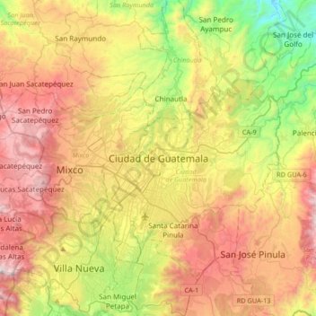 Mappa topografica Città del Guatemala, altitudine, rilievo