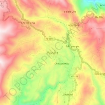 Mappa topografica Paucara, altitudine, rilievo