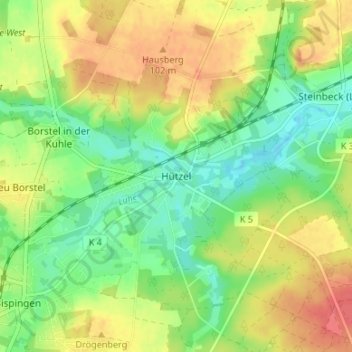 Mappa topografica Hützel, altitudine, rilievo