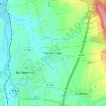 Mappa topografica Volkersheim, altitudine, rilievo