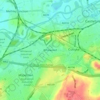 Mappa topografica Whitwood, altitudine, rilievo