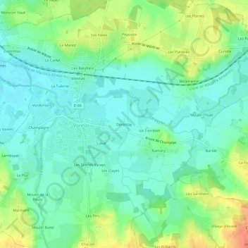 Mappa topografica Dérontay, altitudine, rilievo
