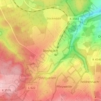 Mappa topografica Ittersbach, altitudine, rilievo