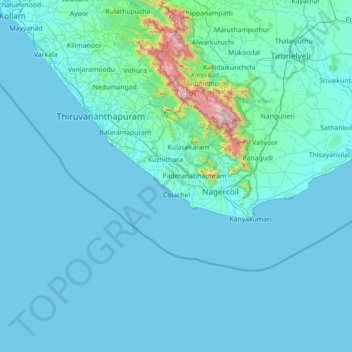 Mappa topografica Kanyakumari, altitudine, rilievo