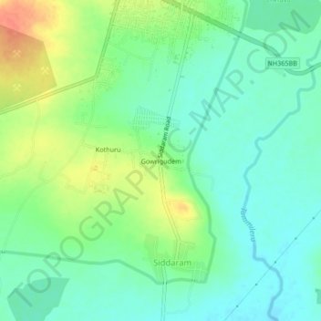 Mappa topografica Gowrigudem, altitudine, rilievo