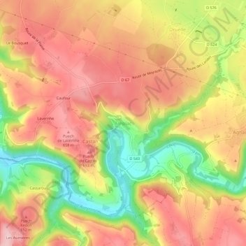Mappa topografica Ampiac, altitudine, rilievo
