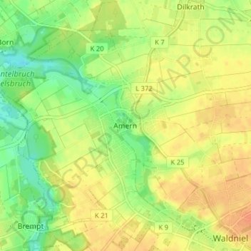 Mappa topografica Amern, altitudine, rilievo