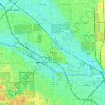 Mappa topografica Alsip, altitudine, rilievo