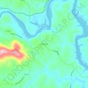 Mappa topografica Hardy Ford, altitudine, rilievo