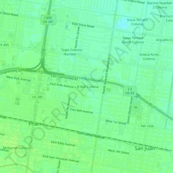 Mappa topografica L R Bell Colonia, altitudine, rilievo