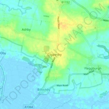 Mappa topografica Clippesby, altitudine, rilievo