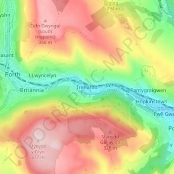 Mappa topografica Trehafod, altitudine, rilievo