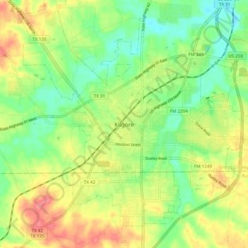 Mappa topografica Kilgore, altitudine, rilievo